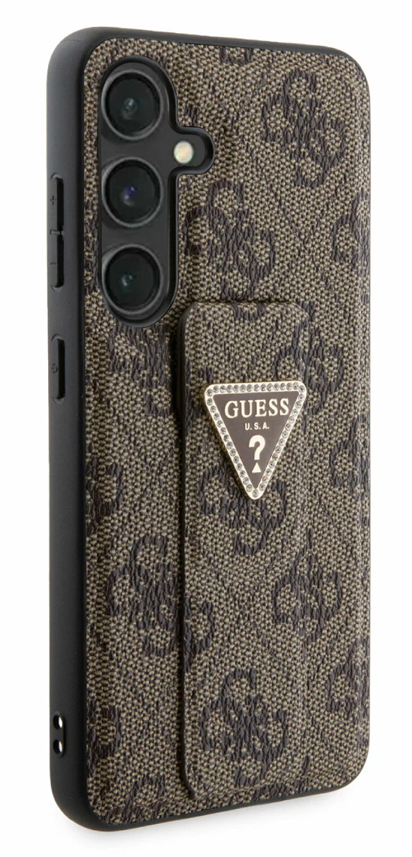 Чехол Guess для Samsung Galaxy S24 Ultra, GripStand PU 4G с Треугольный бриллиантовый металлический логотип, Коричневый