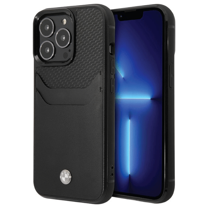 Чехол BMW для iPhone 14 Pro, Кожа с жестким карманом для карточек, Черный