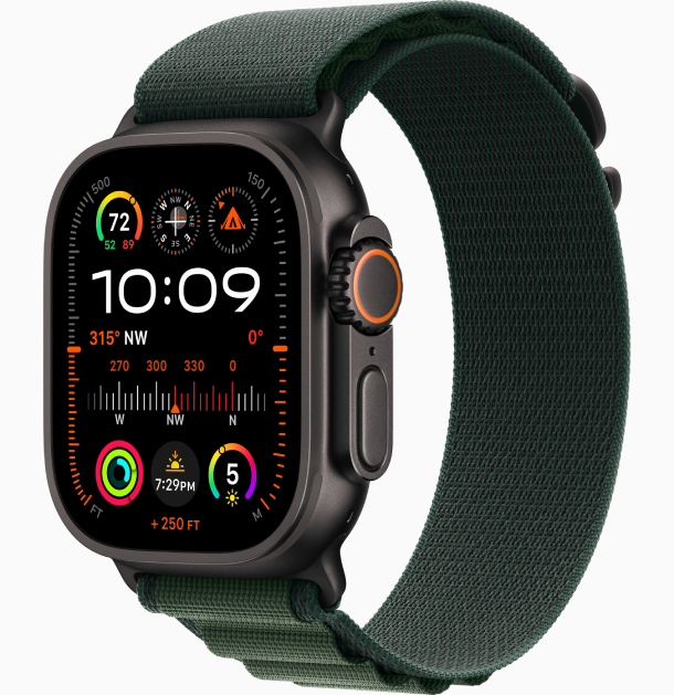 Apple Watch Ultra 2, 2024, GPS, 49 мм, корпус из черного титана, ремешок Alpine зеленого цвета, размер M, MX4R3
