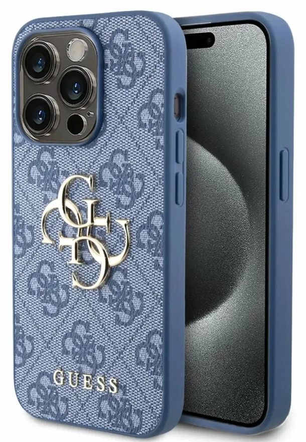 Чехол Guess для iPhone 15 Pro, PU 4G Большой Металлический Логотип, Синий