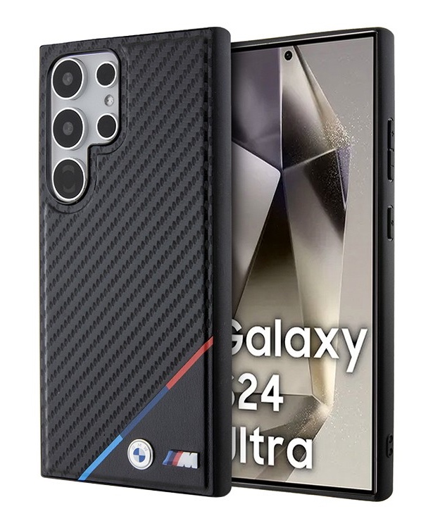 Чехол BMW для Samsung Galaxy S24 Ultra с MagSafe, Карбон триколор с логотипом, Черный