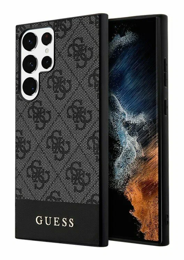 Чехол Guess для Samsung Galaxy S24 Ultra, PU 4G Нижняя полоска с металлическим логотипом, Серый