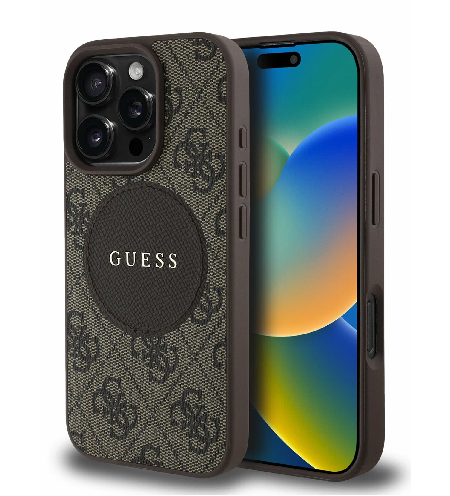 Чехол Guess PU 4G with Round Patch Metal logo Hard с MagSafe для iPhone 16 Pro Max, Коричневый