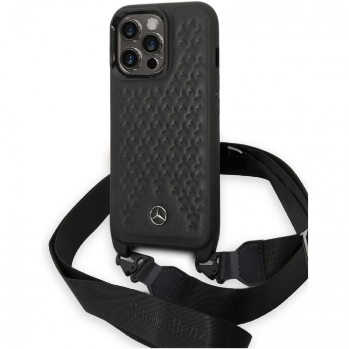 Чехол Mercedes для iPhone 14 Pro, Жесткий кожаный ремешок Stars + ремешок через плечо, Черный