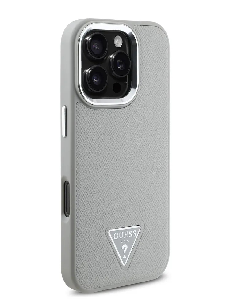 Чехол Guess для iPhone 16 Pro Max PU Grained leather Triangle metal logo, MagSafe, Бежевый