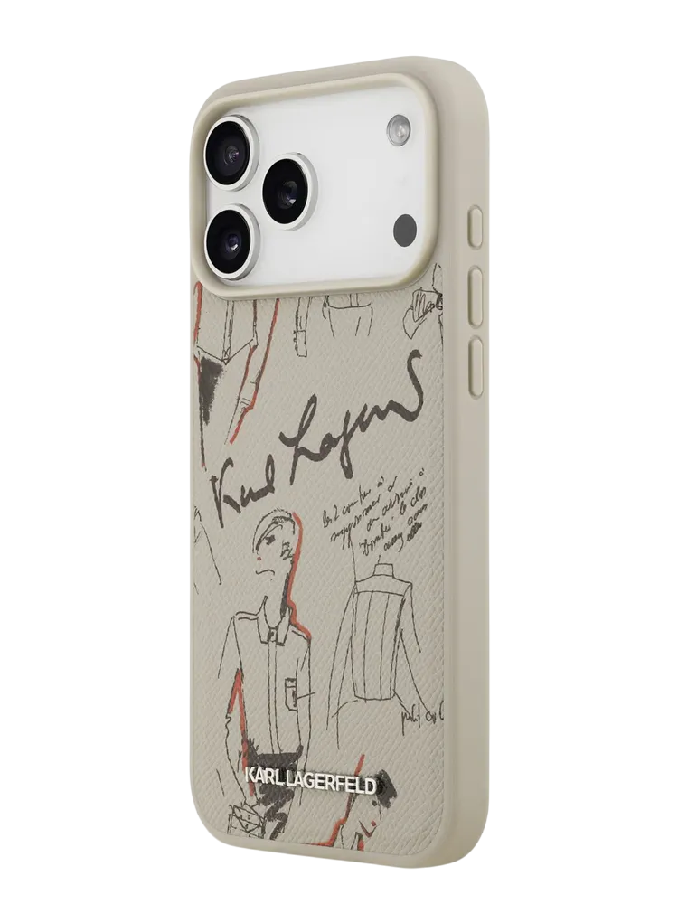 Чехол Lagerfeld iPhone 17 Pro PU Grained leather Sketch with Metal logo Hard Grey, Magsafe, Бежевый