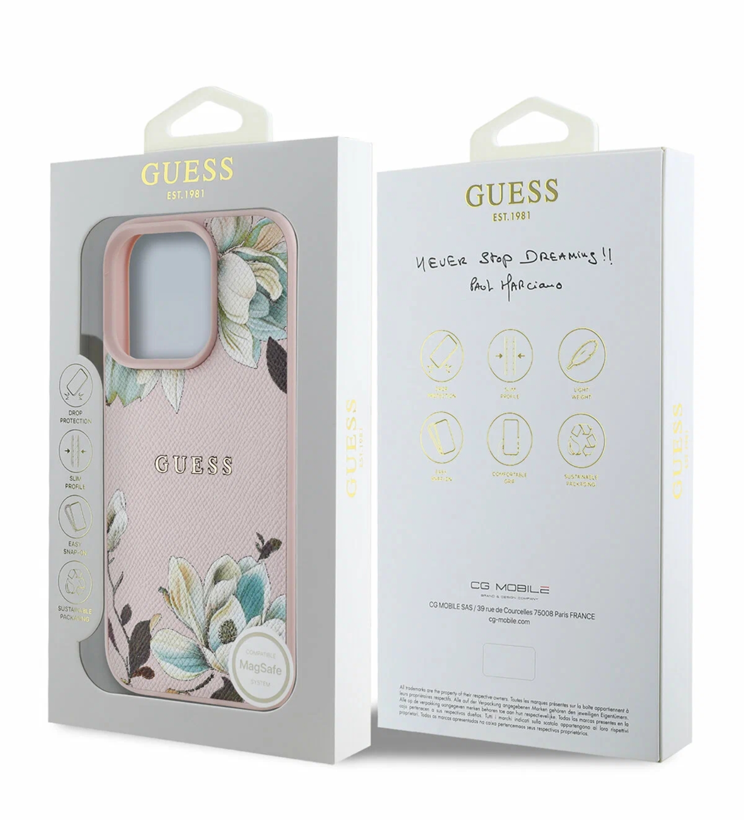 Чехол Guess PU Grained leather Flowers Metal logo Hard с MagSafe для iPhone 16 Pro, Розовый