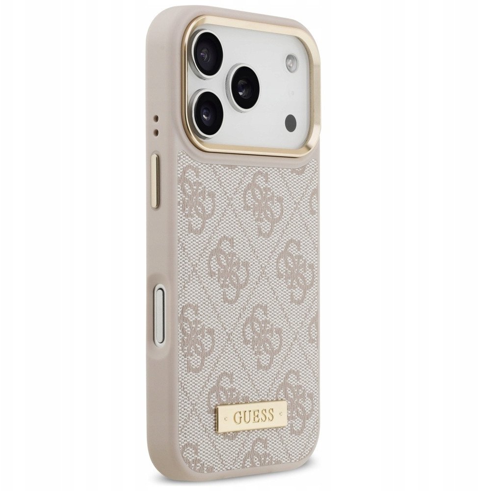 Чехол Guess iPhone 17 Pro PU 4G Plate metal logo and Gold camera Hard Pink, Magsafe, Розовый