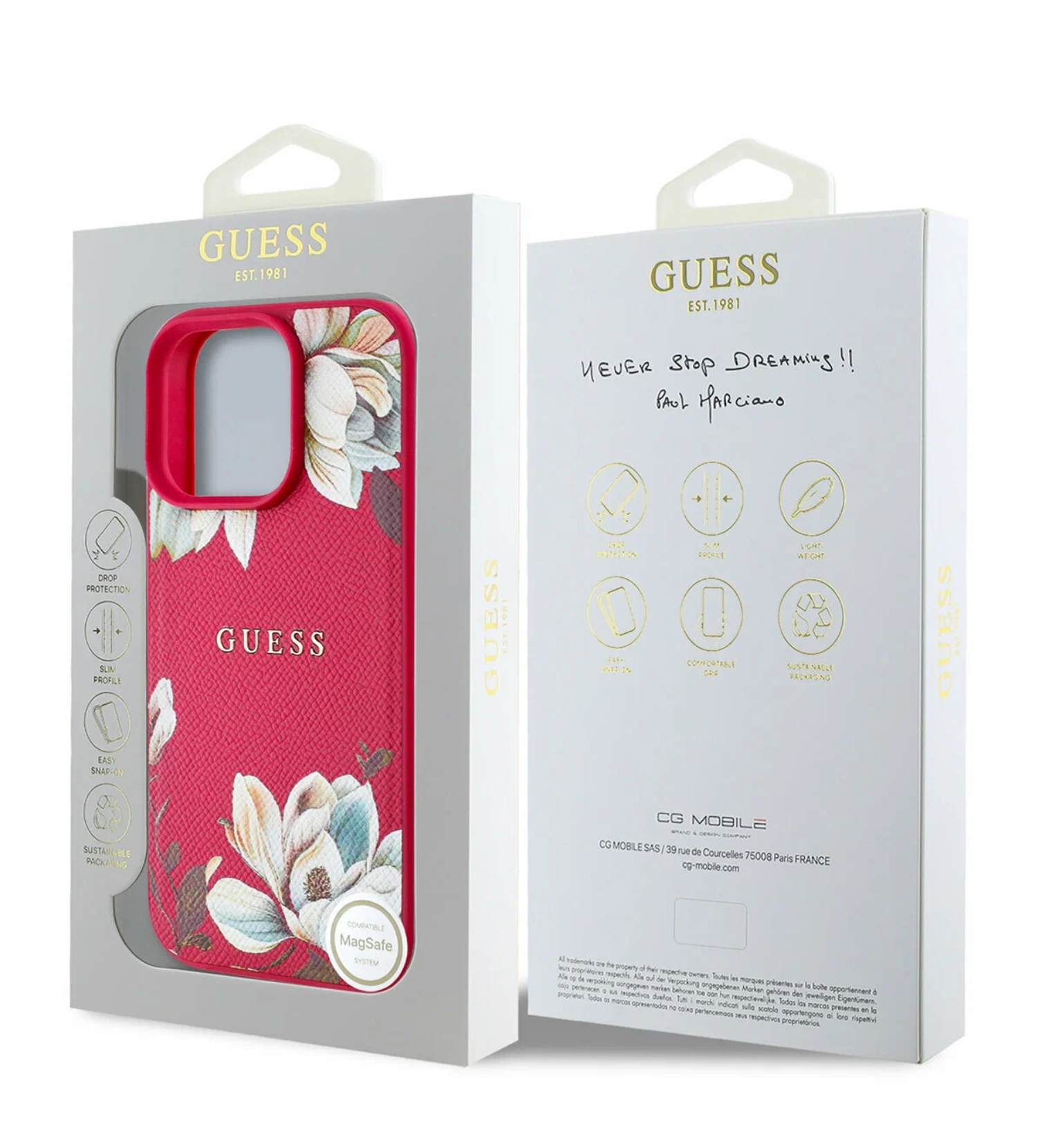 Чехол Guess PU Grained leather Flowers Metal logo Hard с MagSafe для iPhone 16 Pro, Цвета «фуксия»