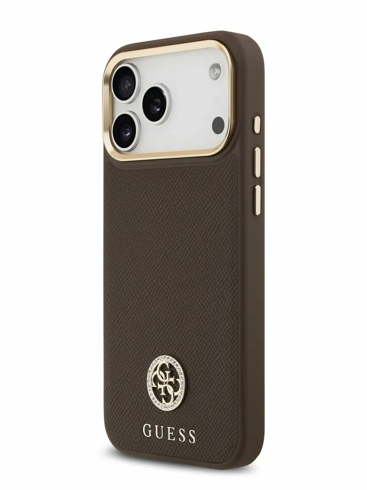 Чехол Guess для iPhone 17 Pro PU Grained 4G Diamond metal logo Gold camera, MagSafe, Коричневый