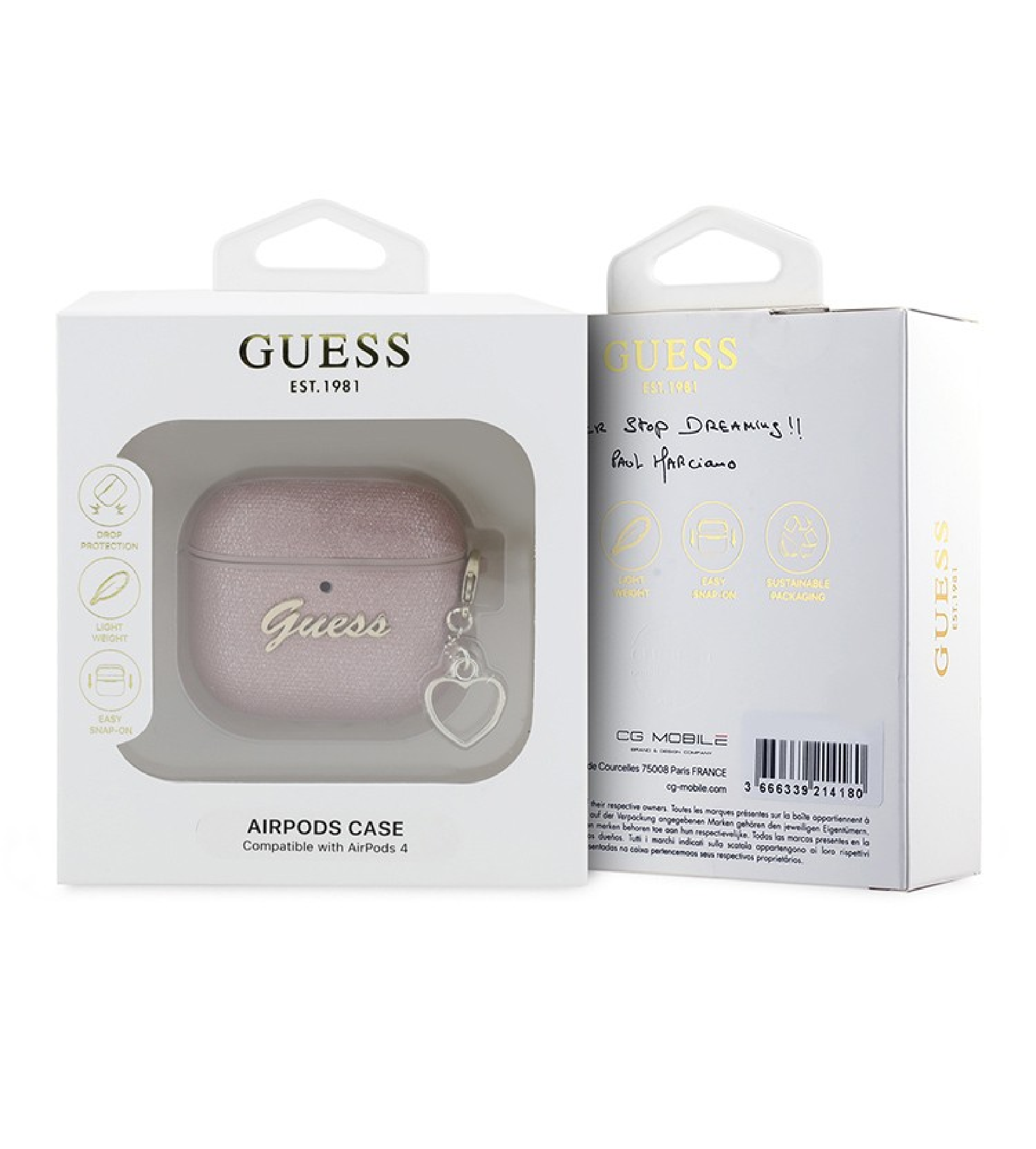 Чехол Guess PU leather with Script metal logo and Heart charm для Airpods 4, Розовый