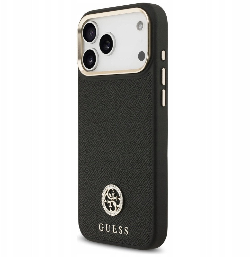 Чехол Guess iPhone 17 Pro Max PU Grained 4G Diamond metal logo Gold camera Hard Black, MagSafe, Черный