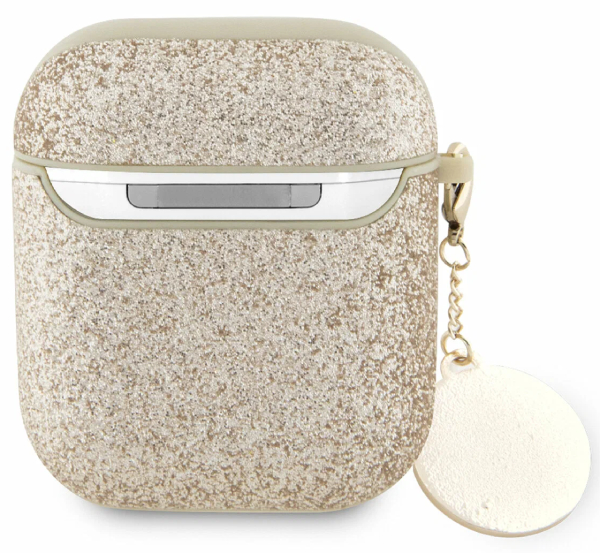 Чехол Guess для Airpods 2 Фиксированные блестки с бриллиантовым сердечком-шармом, Золотой