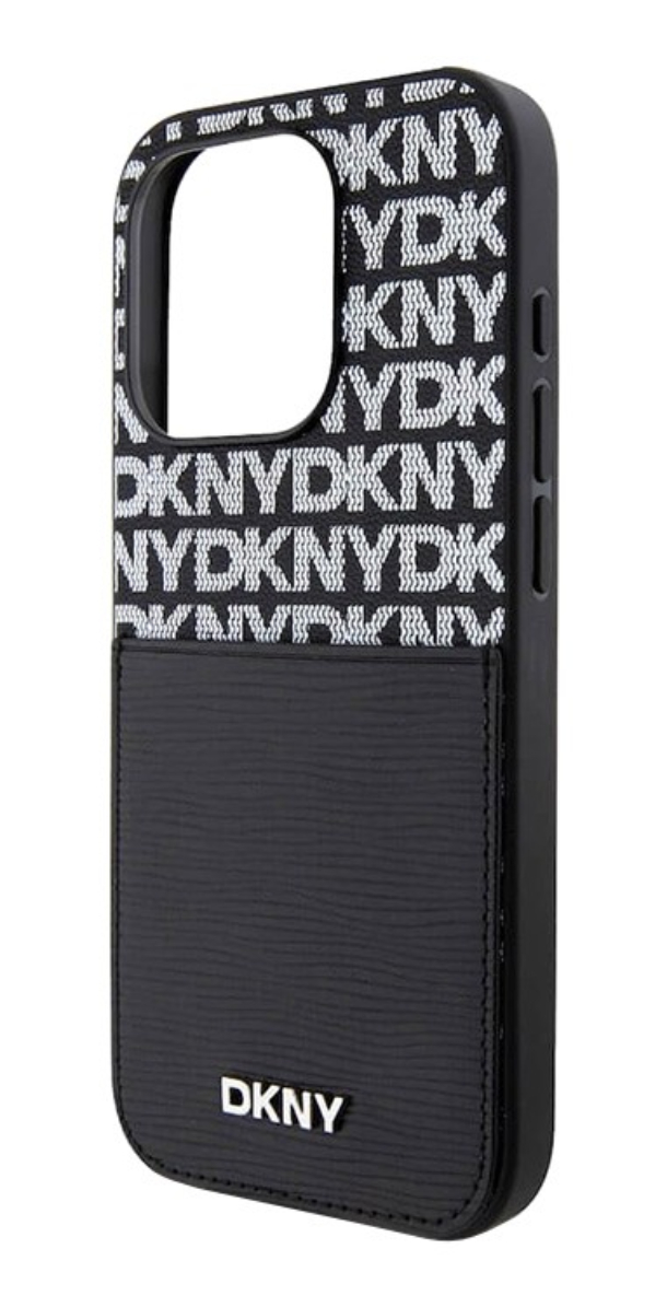 Чехол DKNY для iPhone 15 Pro Max PU Повторяющаяся текстура с металлическим логотипом Cardslot, Черный