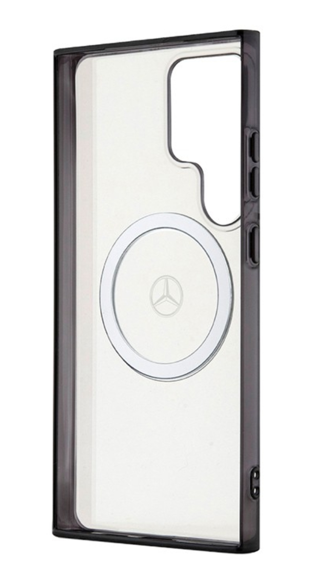 Чехол Mercedes для Samsung Galaxy S24 Ultra, PC/TPU Прозрачный с черным кольцом MagSafe, Clear