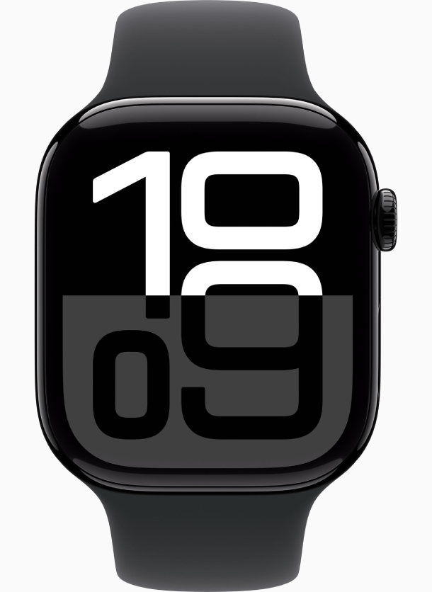 Apple Watch Series 10 GPS 46 мм, корпус из алюминия цвета «чёрный глянец», спортивный ремешок черного цвета, размер S/M, MWWP3