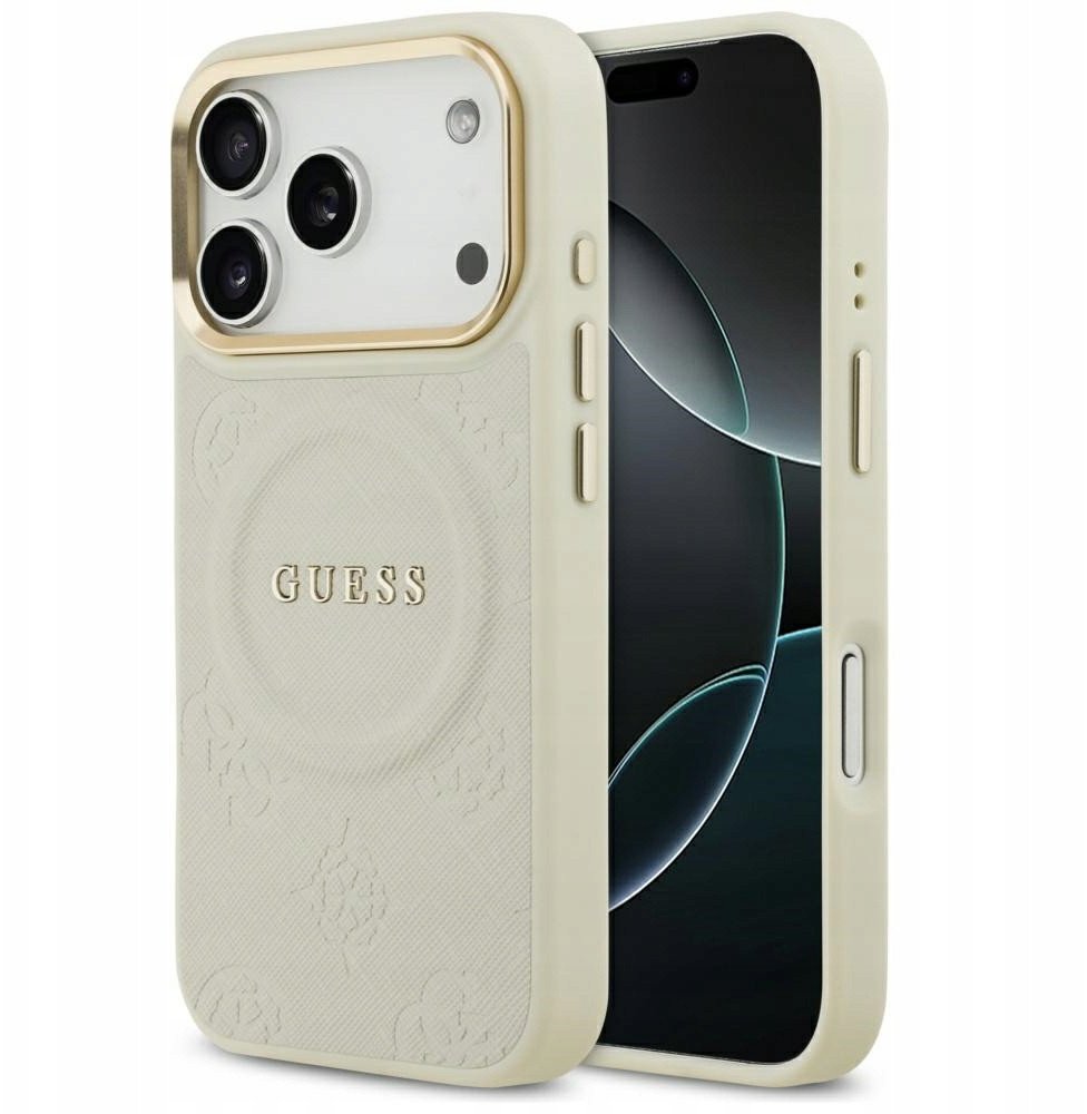 Чехол Guess iPhone 17 Pro PU Saffiano Peony Metal logo Gold camera Hard Beige, Magsafe, Бежевый