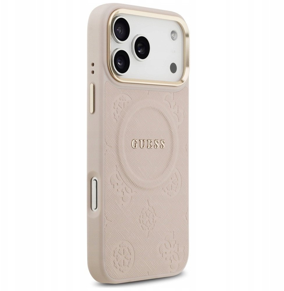 Чехол Guess iPhone 17 Pro Max PU Saffiano Peony Metal logo Gold camera Hard Pink, MagSafe, Бежевый