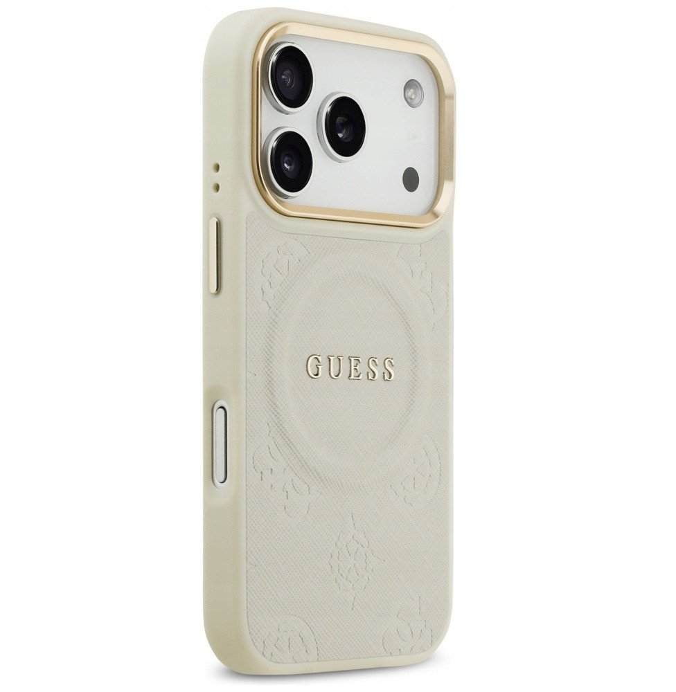 Чехол Guess iPhone 17 Pro PU Saffiano Peony Metal logo Gold camera Hard Beige, Magsafe, Бежевый