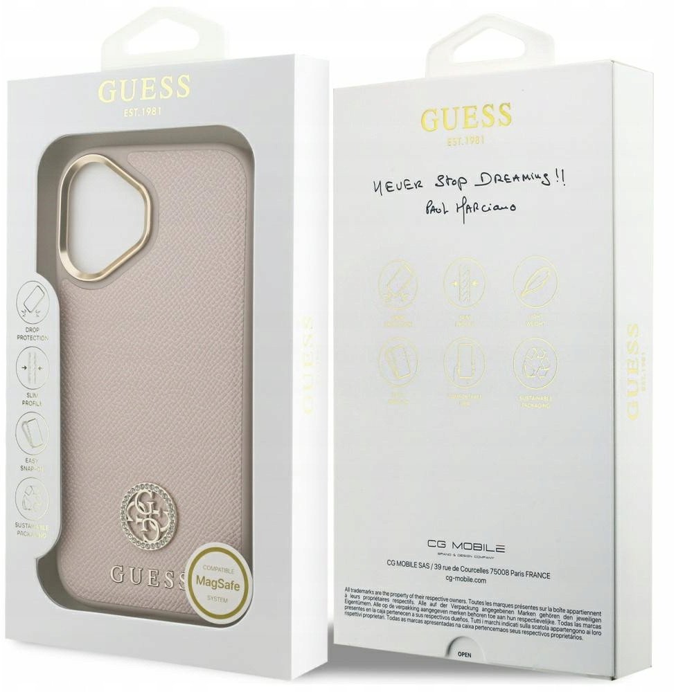 Чехол Guess iPhone 17 PU Grained 4G Diamond metal logo Gold camera, MagSafe, Розовый