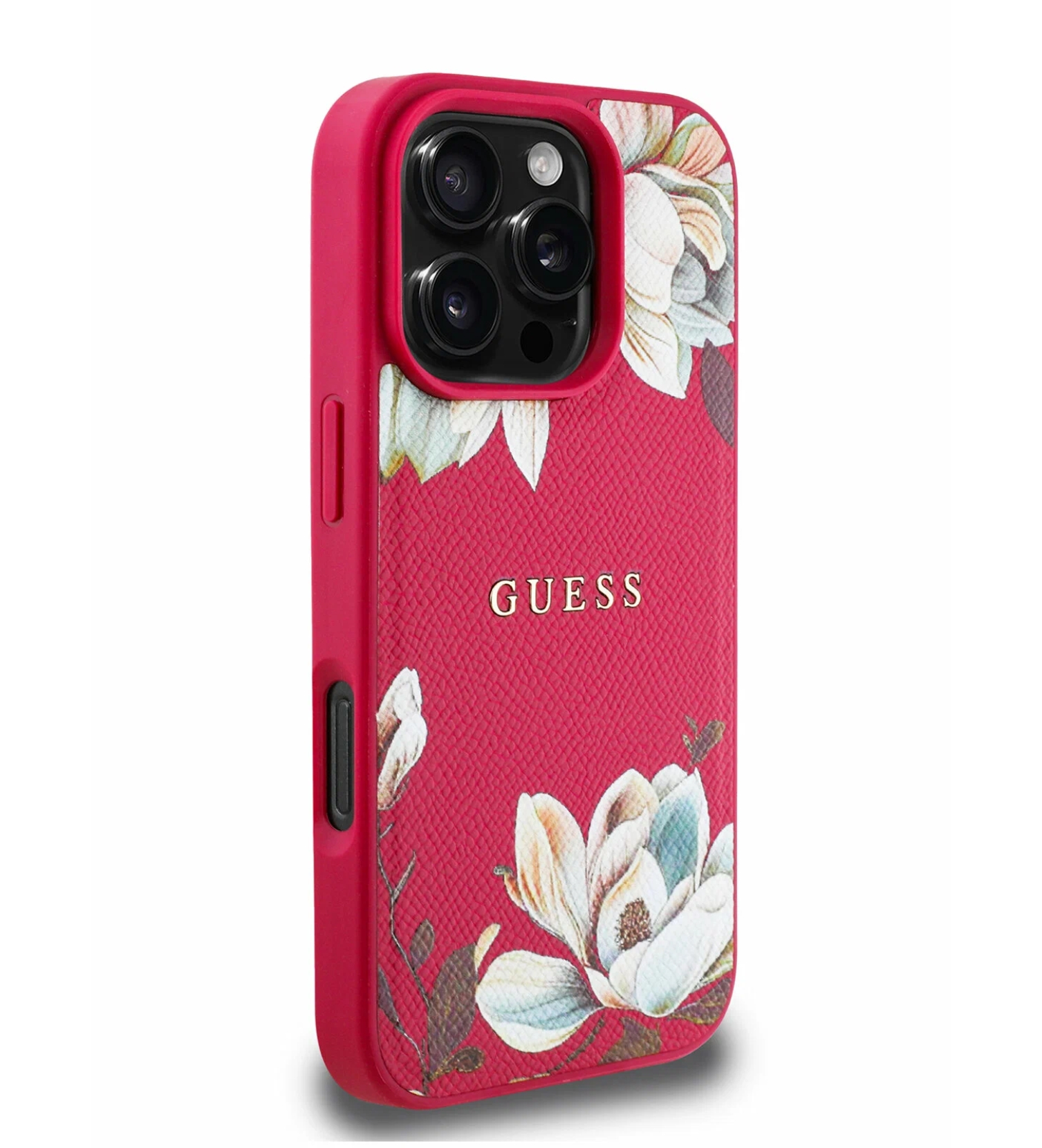Чехол Guess PU Grained leather Flowers Metal logo Hard с MagSafe для iPhone 16 Pro Max, Цвета «фуксия»