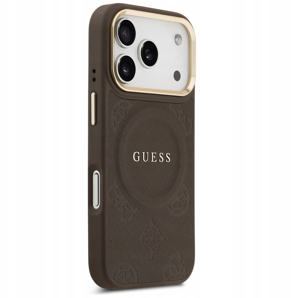 Чехол Guess iPhone 17 Pro PU Saffiano Peony Metal logo Gold camera Hard Brown, Magsafe, Коричневый