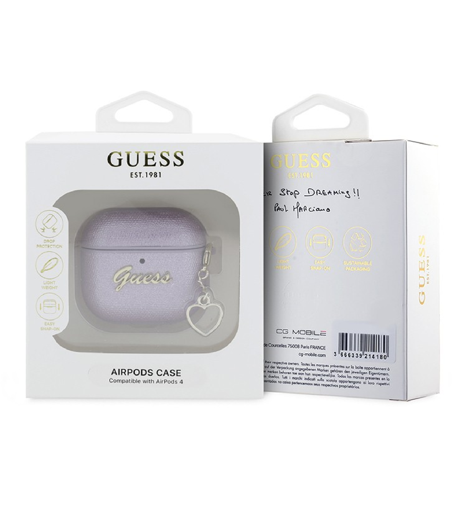 Чехол Guess PU leather with Script metal logo and Heart charm для Airpods 4, Фиолетовый