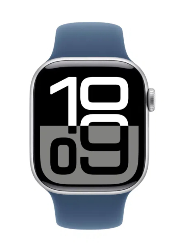 Apple Watch Series 10 GPS 42 мм, корпус из алюминия серебристого цвета, спортивный ремешок цвета «синий деним», размер S/M, MWWA3
