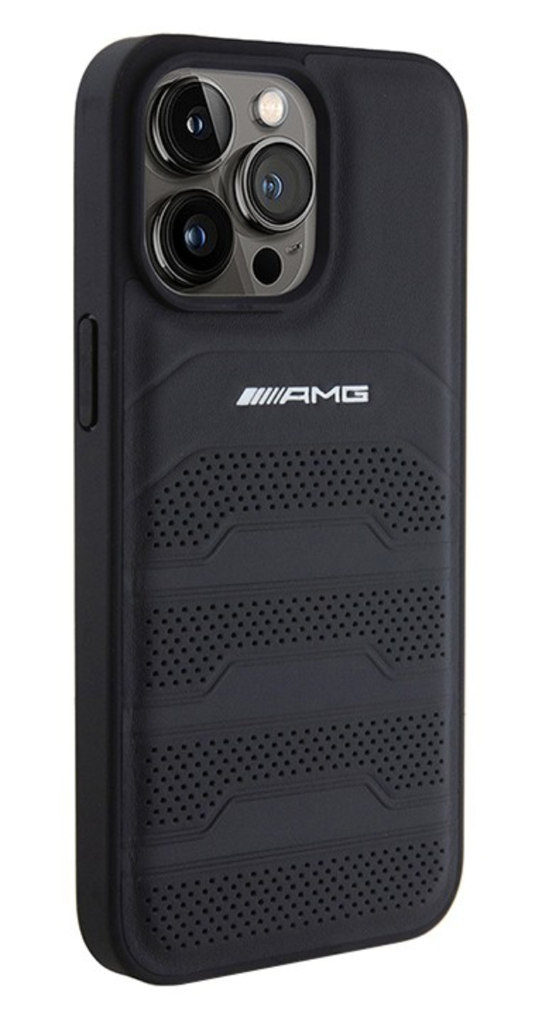 Чехол AMG для iPhone 15 Pro Max, Линии с отделкой из кожи, Черный