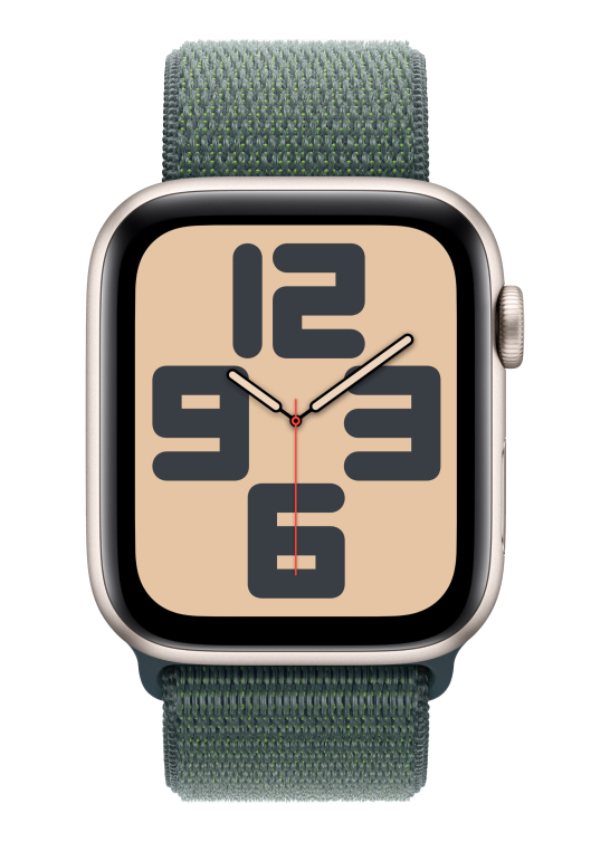 Apple Watch SE 2024, 44 мм, корпус из алюминия цвета «сияющая звезда», спортивный ремешок Loop зеленого цвета, MXEW3