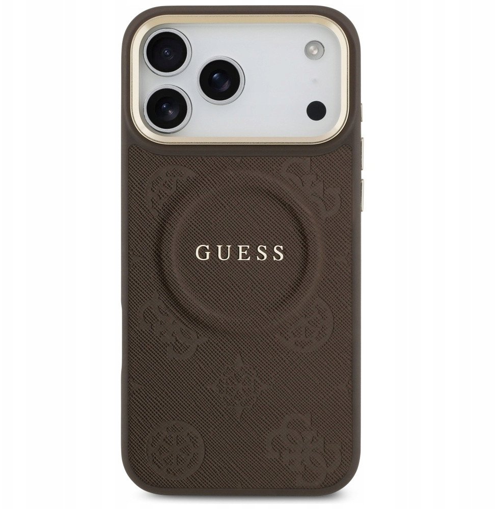 Чехол Guess iPhone 17 Pro Max PU Saffiano Peony Metal logo Gold camera Hard Brown, MagSafe, Коричневый