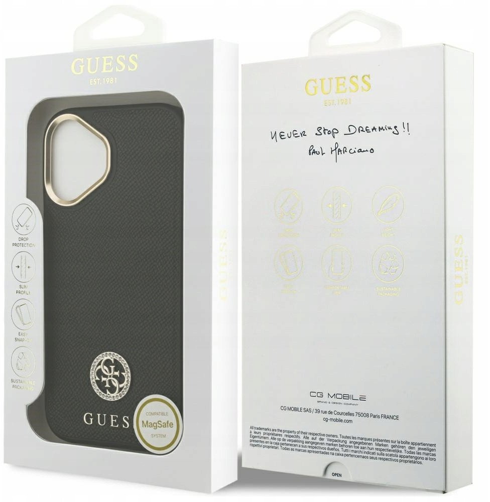 Чехол Guess iPhone 17 PU Grained 4G Diamond metal logo Gold camera, MagSafe, Черный