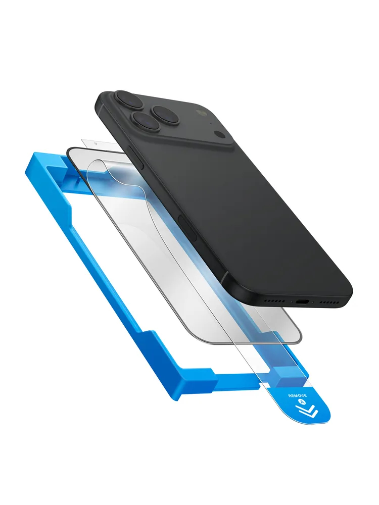 Защитное стекло Uniq на iPhone 17 Pro Max, OPTIX EXOFit Vivid, с высокой цветопередачей, с фильтром от пыли на динамик, с аппликатором для легкой установки, прозрачное с черной рамкой