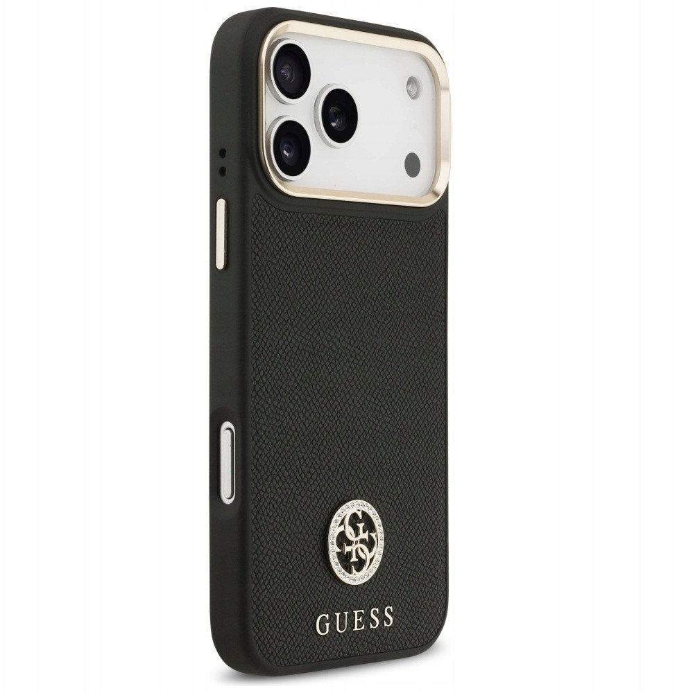 Чехол Guess iPhone 17 Pro Max PU Grained 4G Diamond metal logo Gold camera Hard Black, MagSafe, Черный