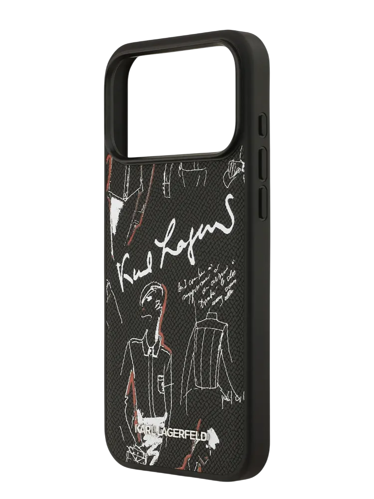Чехол Lagerfeld iPhone 17 Pro Max PU Grained leather Sketch with Metal logo Hard Black, MagSafe, Черный