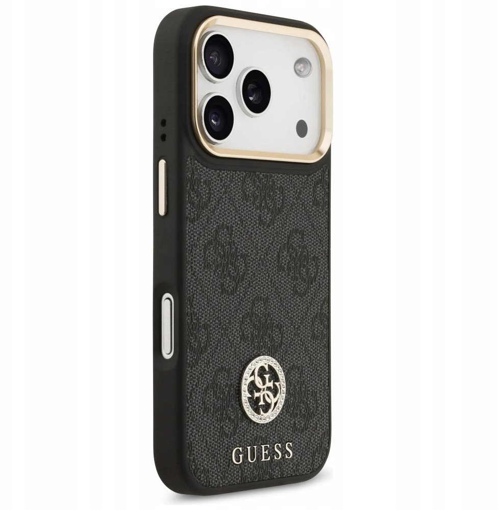 Чехол Guess iPhone 17 Pro PU 4G Diamond metal logo Gold camera Hard Black, Magsafe, Черный