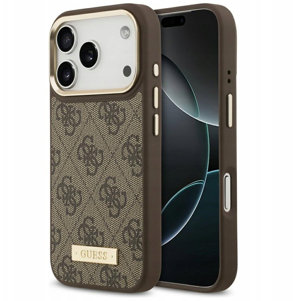 Чехол Guess iPhone 17 Pro чехол PU 4G Plate metal logo and Gold camera Hard Brown, Magsafe, Коричневый