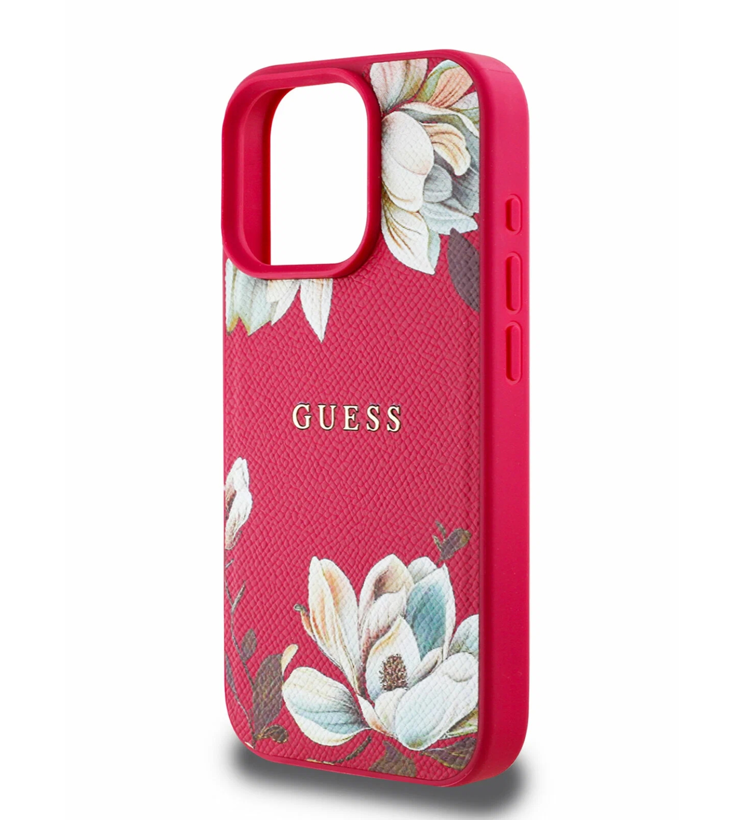 Чехол Guess PU Grained leather Flowers Metal logo Hard с MagSafe для iPhone 16 Pro Max, Цвета «фуксия»