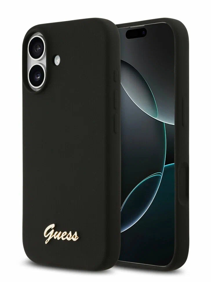 Чехол Guess iPhone 17 Liquid silicone Gold metal logo & Camera Hard Black, MagSafe, Черный