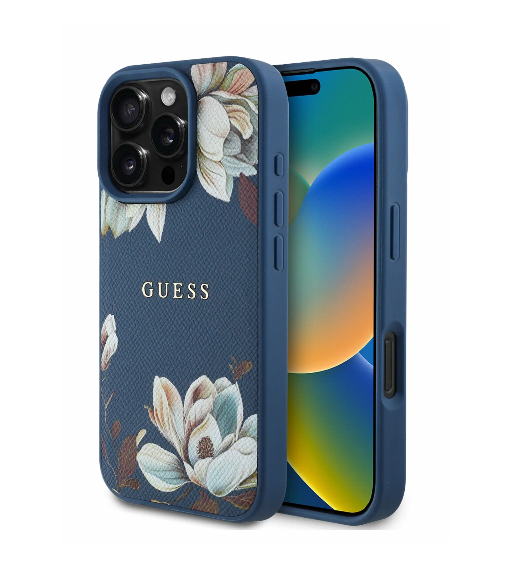 Чехол Guess PU Grained leather Flowers Metal logo Hard Blue (MagSafe) для iPhone 16 Pro Max, Синий