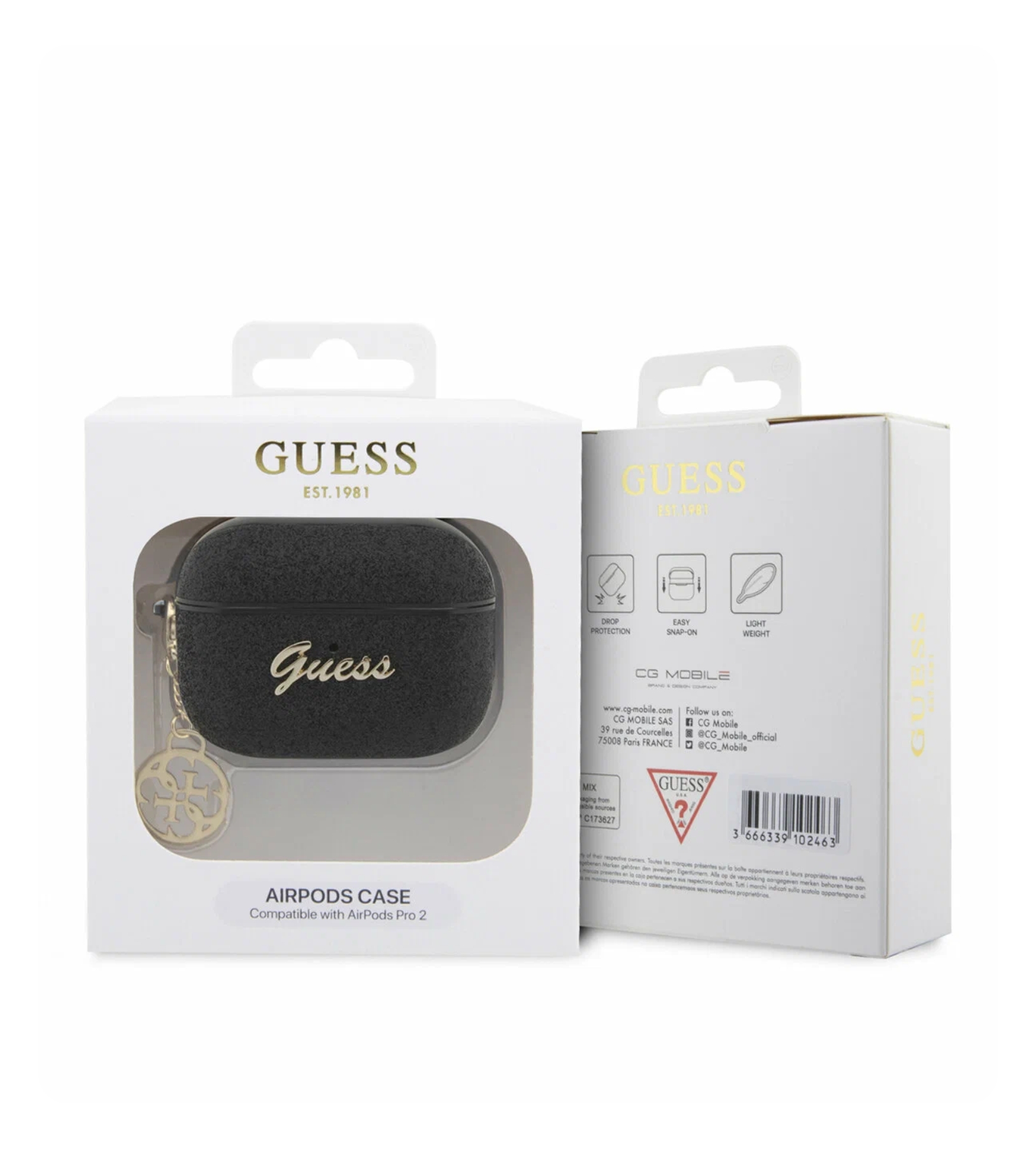 Чехол Guess Glitter flakes Metal logo with Charm для Airpods Pro 2, Черный