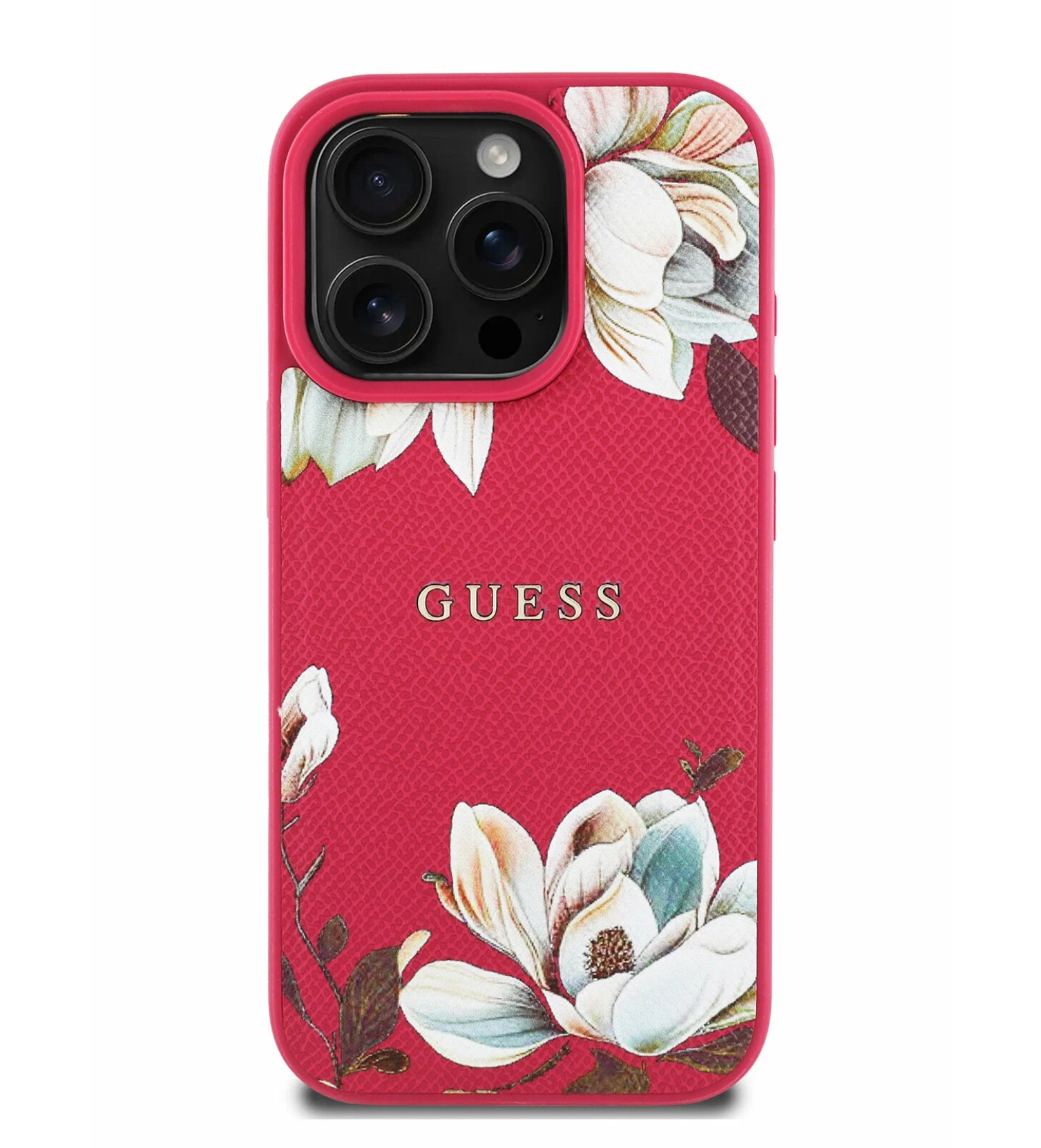 Чехол Guess PU Grained leather Flowers Metal logo Hard с MagSafe для iPhone 16 Pro Max, Цвета «фуксия»