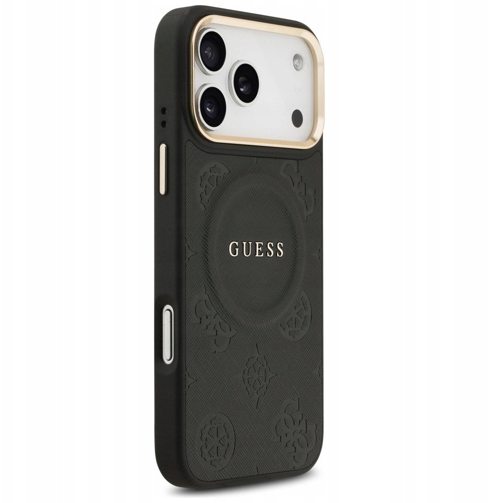 Чехол Guess iPhone 17 Pro Max PU Saffiano Peony Metal logo Gold camera Hard Black, MagSafe, Черный