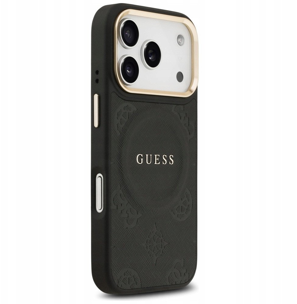 Чехол Guess iPhone 17 Pro PU Saffiano Peony Metal logo Gold camera Hard Black, Magsafe, Черный