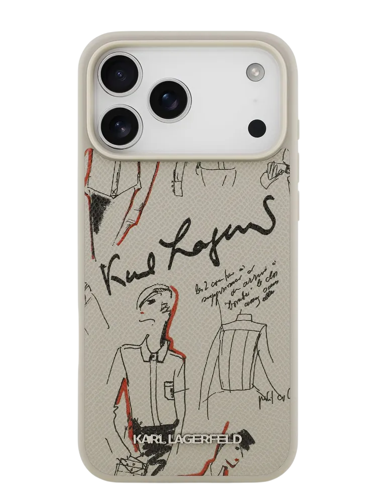 Чехол Lagerfeld iPhone 17 Pro PU Grained leather Sketch with Metal logo Hard Grey, Magsafe, Бежевый