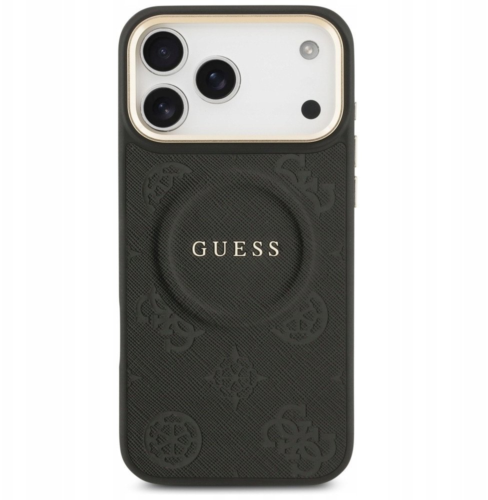 Чехол Guess iPhone 17 Pro Max PU Saffiano Peony Metal logo Gold camera Hard Black, MagSafe, Черный