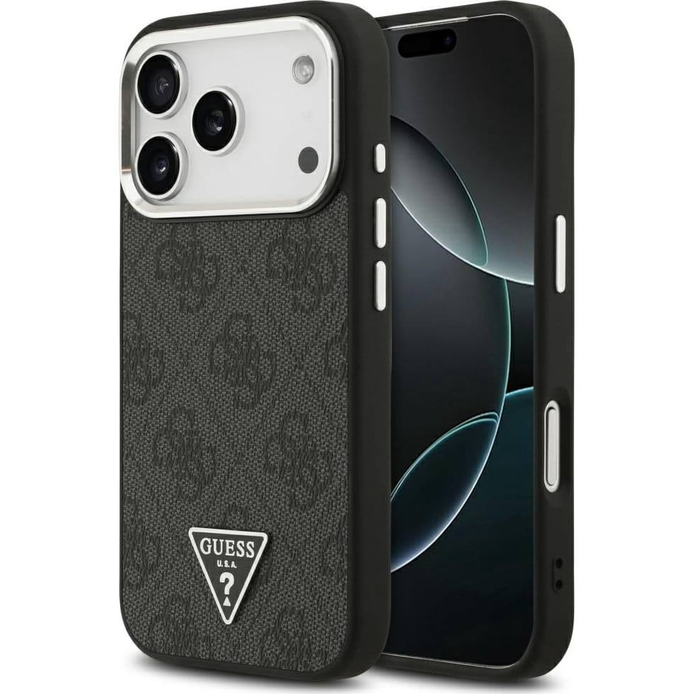 Чехол Guess iPhone 17 Pro PU 4G Triangle metal logo Silver camera Hard Black, Magsafe, Черный