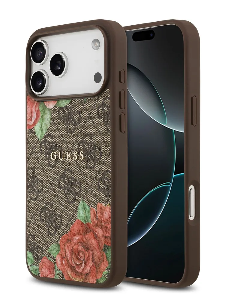 Чехол Guess iPhone 17 Pro PU Flowers Roses Hard Brown, Magsafe, Коричневый