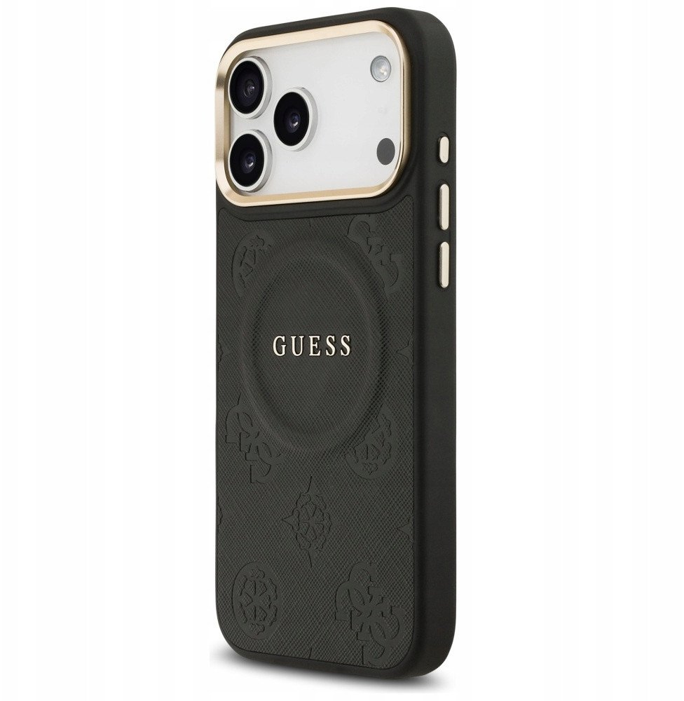 Чехол Guess iPhone 17 Pro Max PU Saffiano Peony Metal logo Gold camera Hard Black, MagSafe, Черный