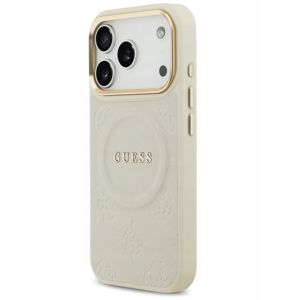 Чехол Guess iPhone 17 Pro PU Saffiano Peony Metal logo Gold camera Hard Beige, Magsafe, Бежевый